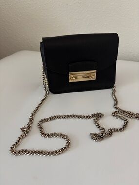 FURLA Julia Onyx Black Saffiano Leather Chain Shoulder Bag in good condition